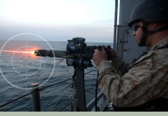 United States Sailor firing a GAU-17. GAU-17s stored Combat Weapons Rack meet OPNAVINST 5530.13 & AR190-11 physical security requirements for stowage of arms.